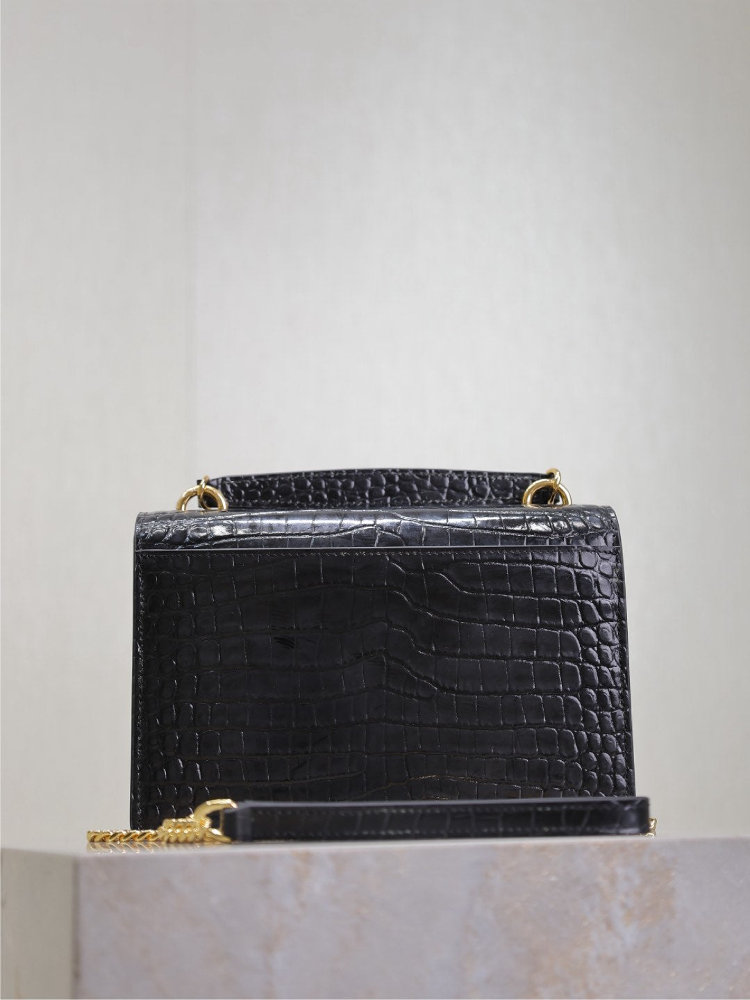 Saint Laurent Sunset Small Bag 19 in Black Crocodile-Embossed Calfskin Copper Hardware