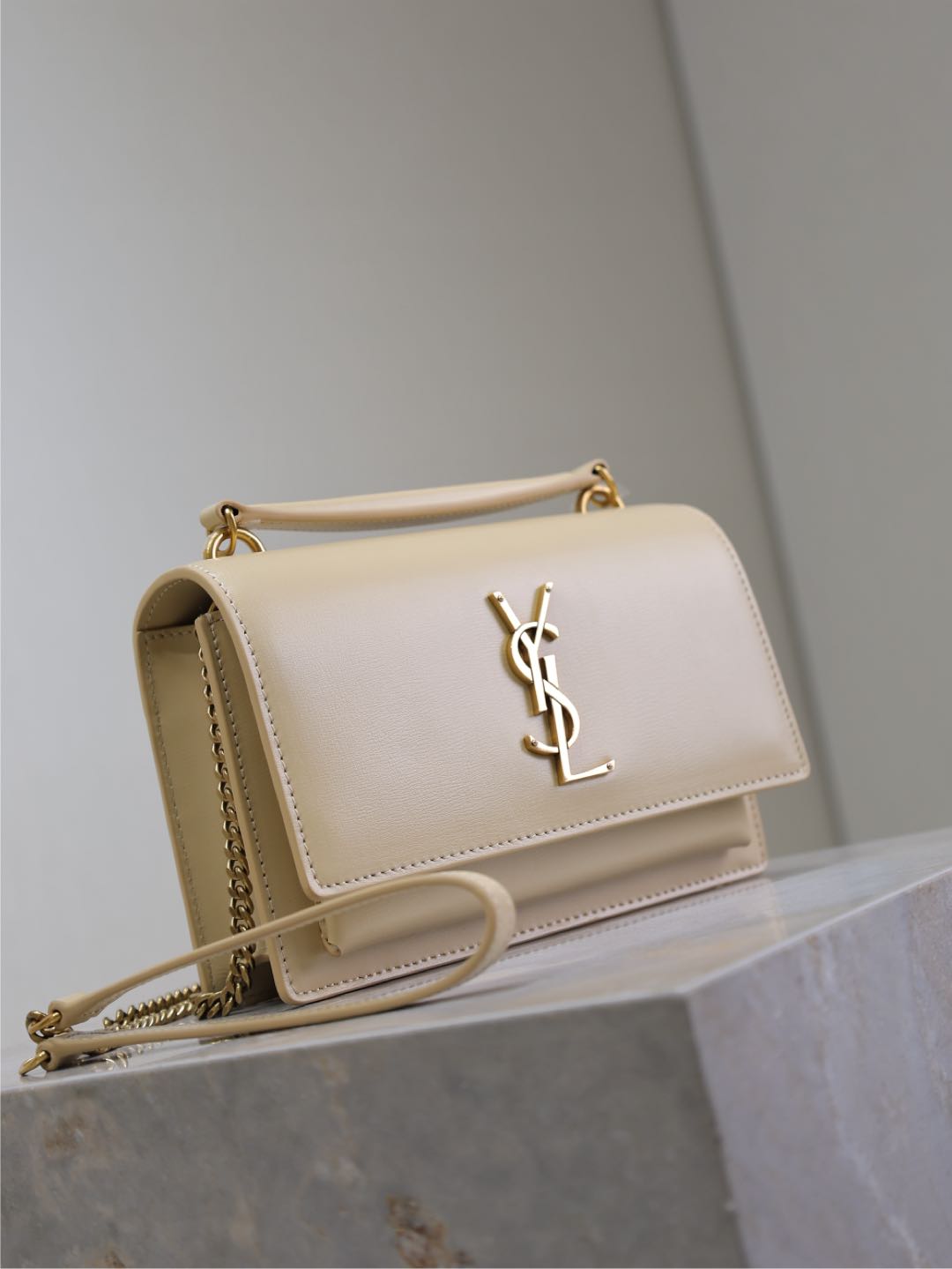 Saint Laurent Sunset Small Bag 19 in Beige Calfskin Gold Hardware