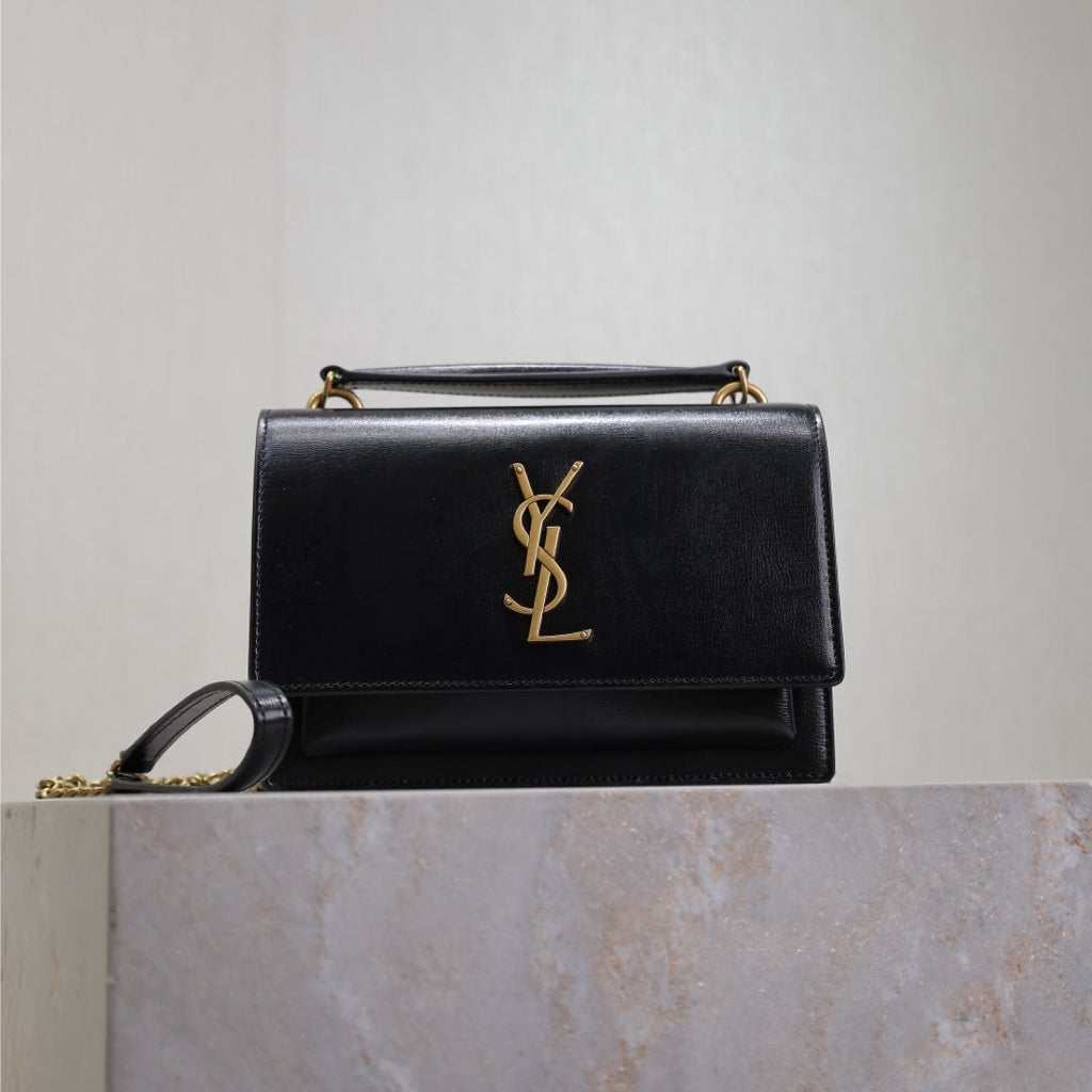 Saint Laurent Sunset Small Bag 19 in Black Calfskin Copper Hardware
