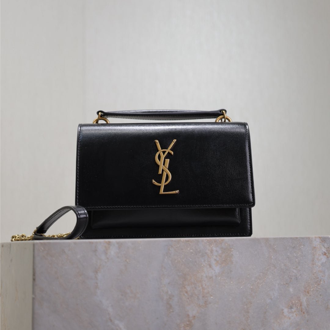 Saint Laurent Sunset Small Bag 19 in Black Calfskin Copper Hardware