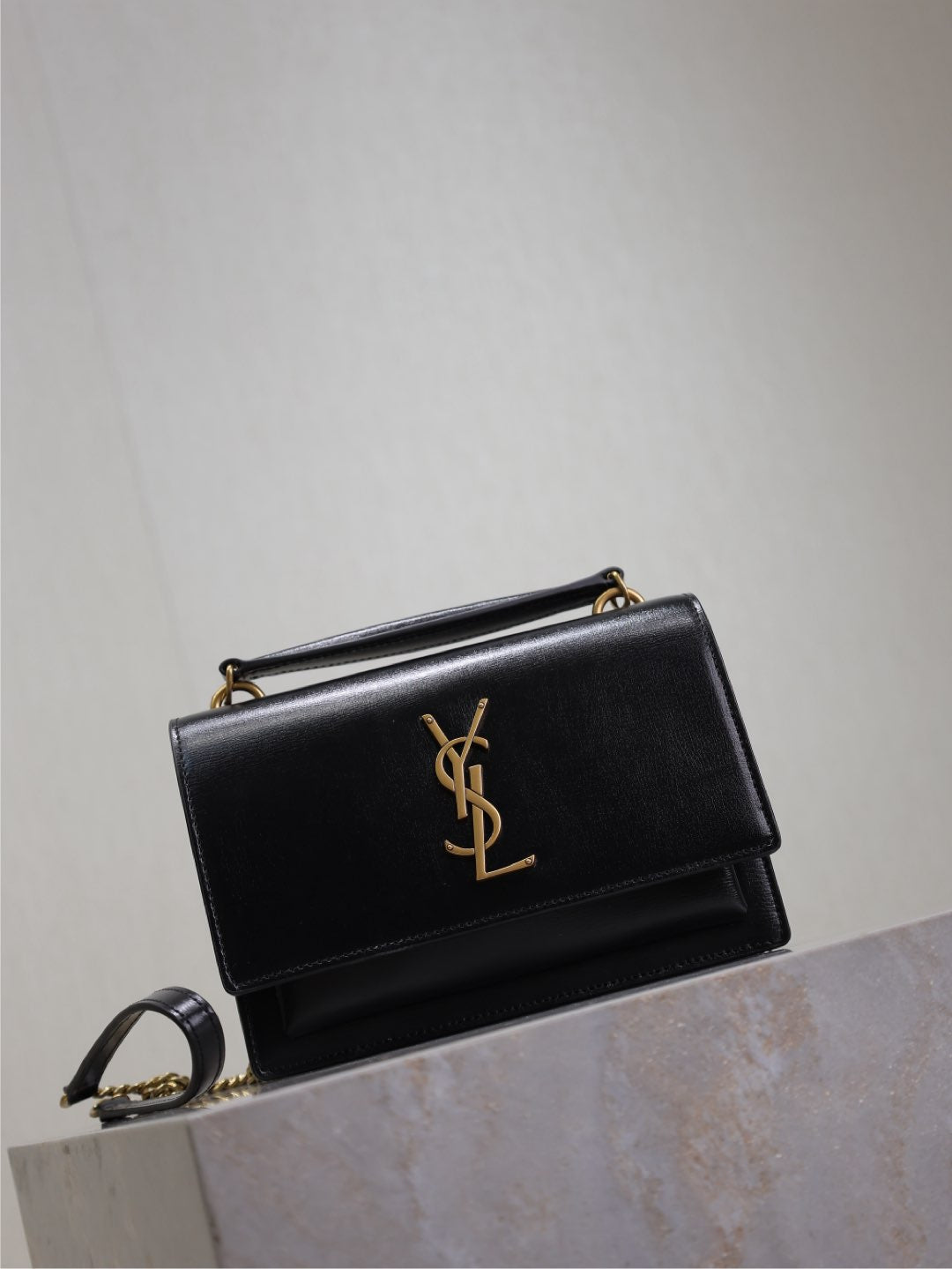 Saint Laurent Sunset Small Bag 19 in Black Calfskin Copper Hardware