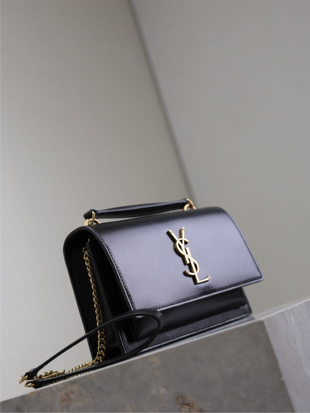 Saint Laurent Sunset Small Bag 19 in Black Calfskin Copper Hardware