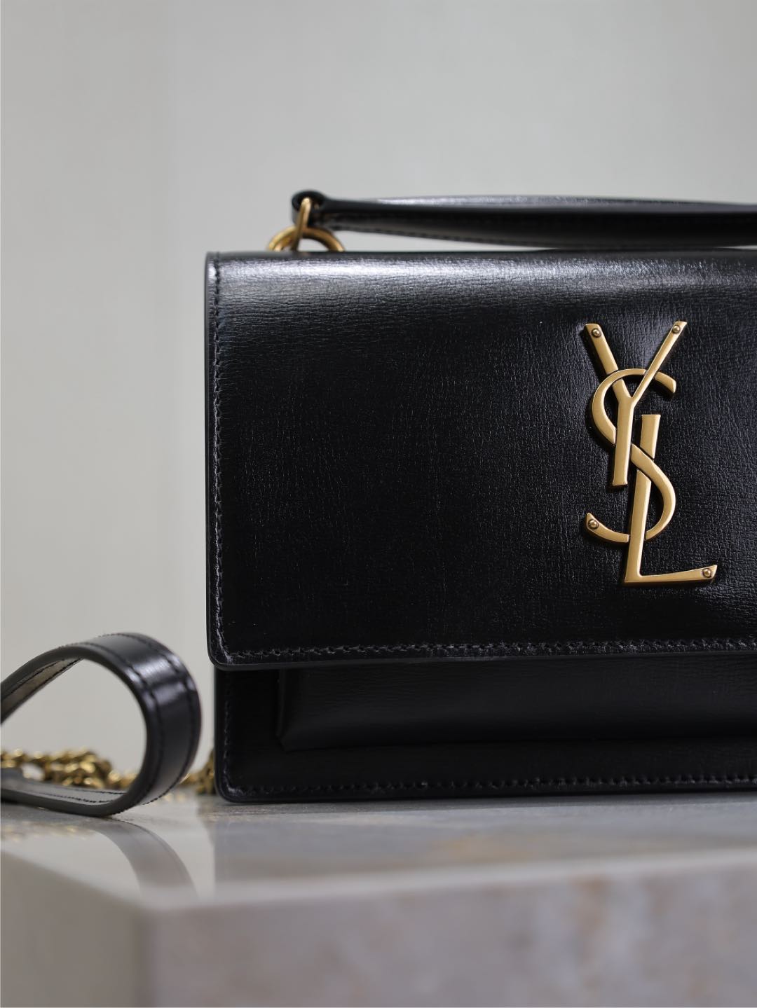 Saint Laurent Sunset Small Bag 19 in Black Calfskin Copper Hardware