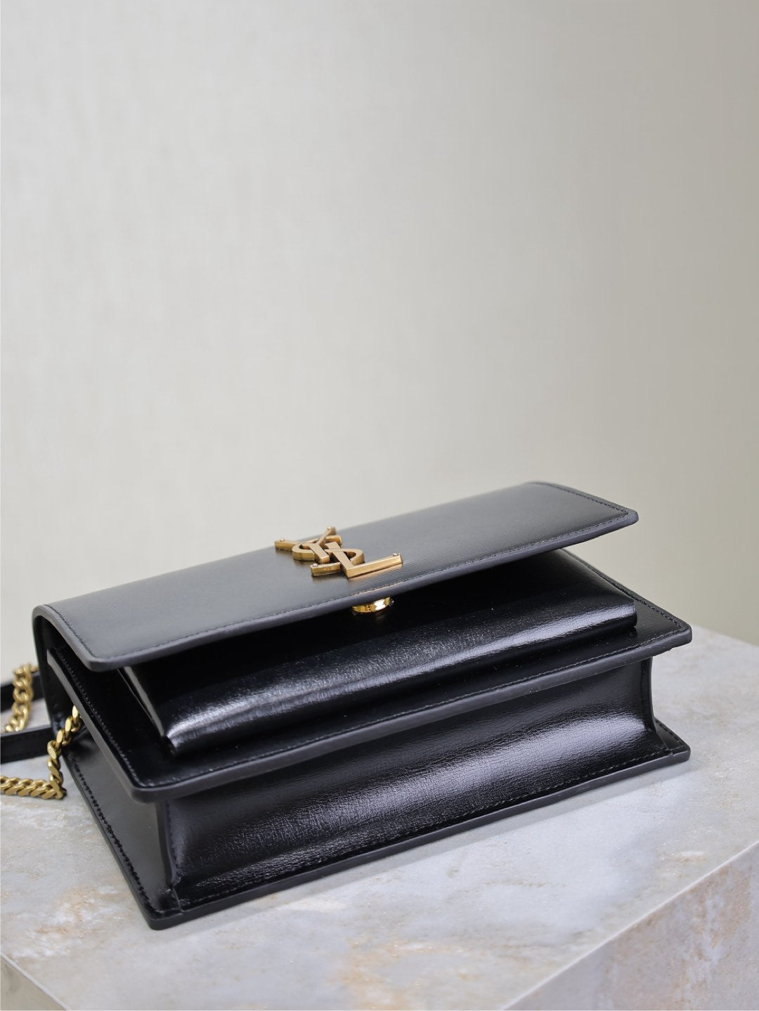 Saint Laurent Sunset Small Bag 19 in Black Calfskin Copper Hardware