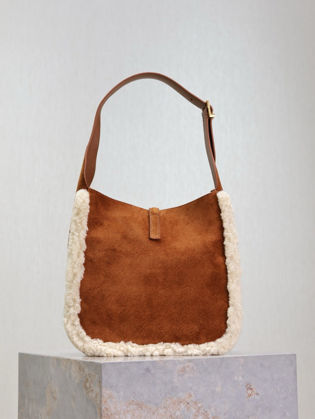 Saint Laurent Le 5 À 7 Small Supple 23 in Amber Orange Suede and White Lamb Fur Trim Bag