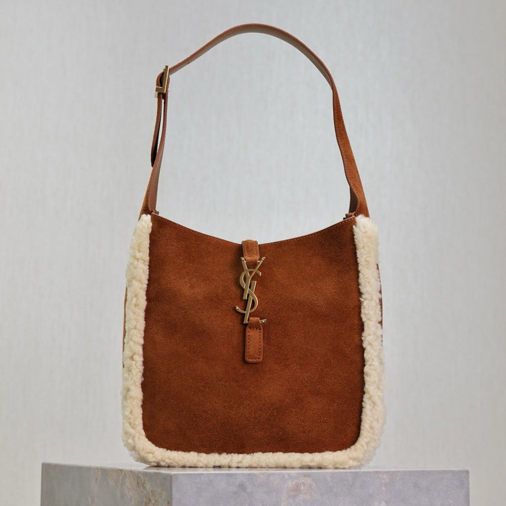 Saint Laurent Le 5 À 7 Small Supple 23 in Amber Orange Suede and White Lamb Fur Trim Bag