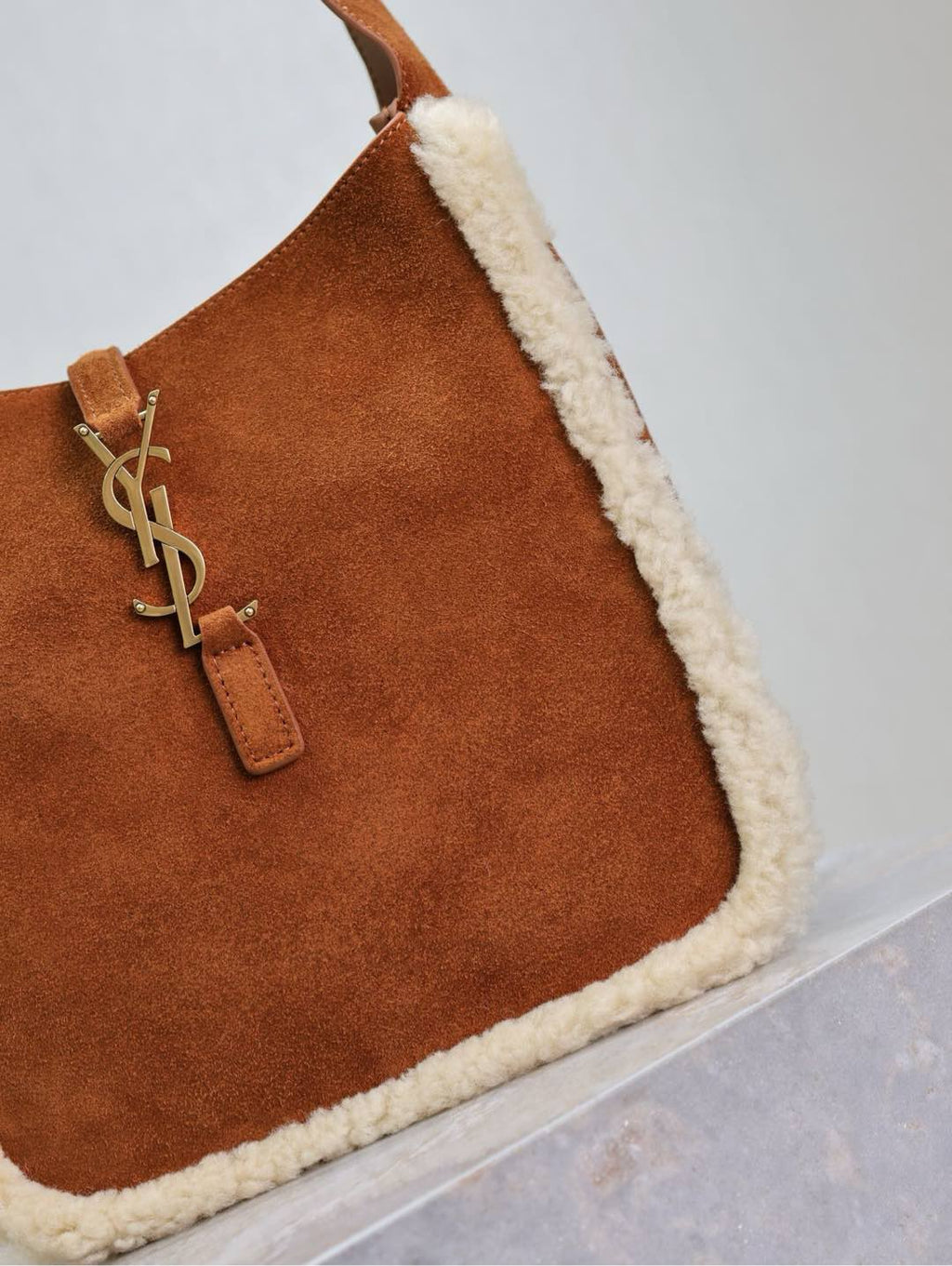 Saint Laurent Le 5 À 7 Small Supple 23 in Amber Orange Suede and White Lamb Fur Trim Bag
