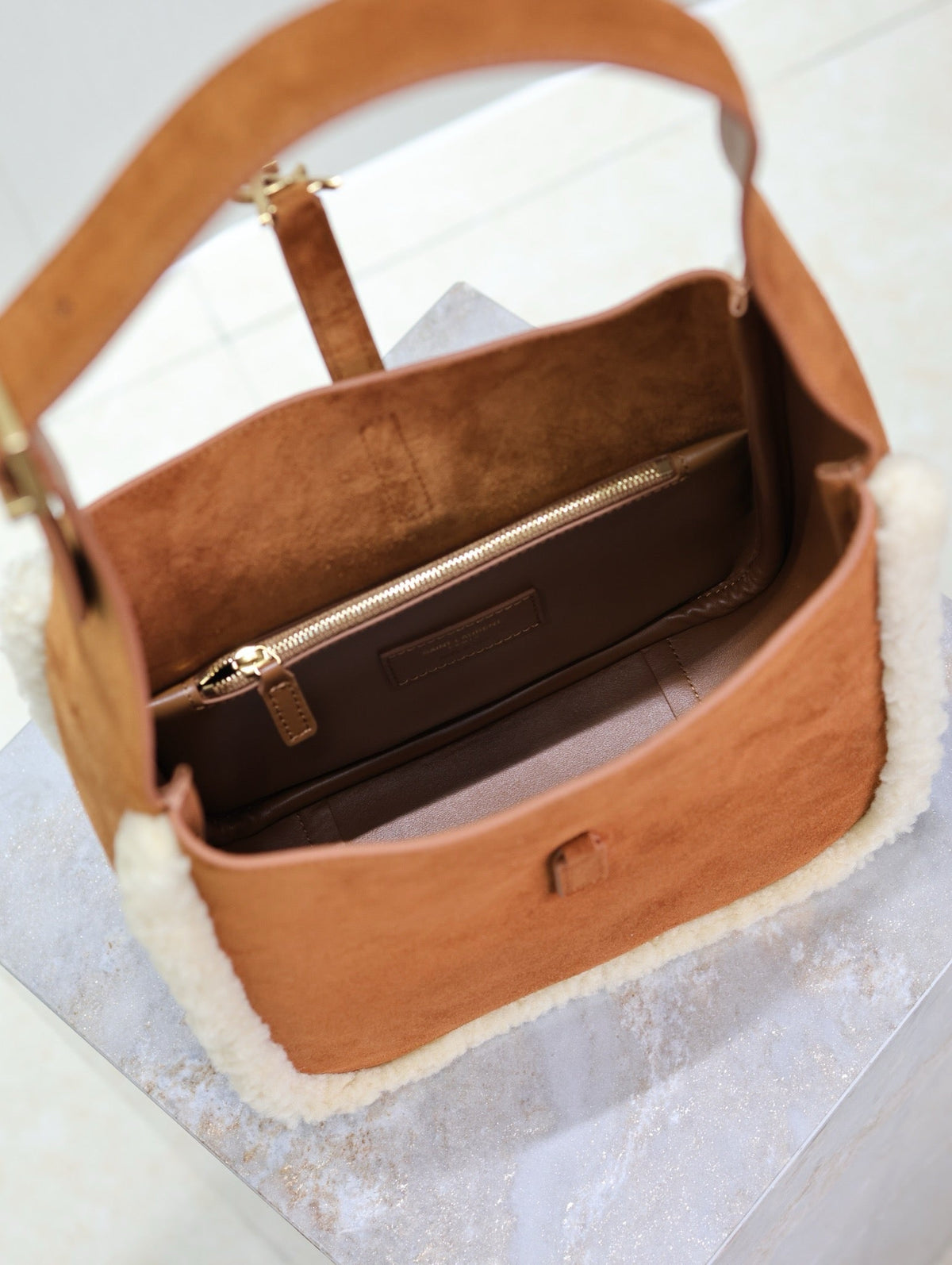 Saint Laurent Le 5 À 7 Small Supple 23 in Amber Orange Suede and White Lamb Fur Trim Bag