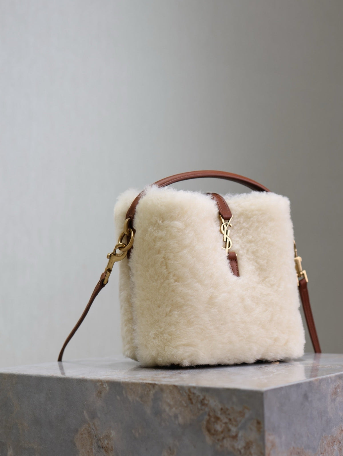 Saint Laurent Le 37 Mini Bucket Bag 15 in Cream Shearling and Brown Leather Trim
