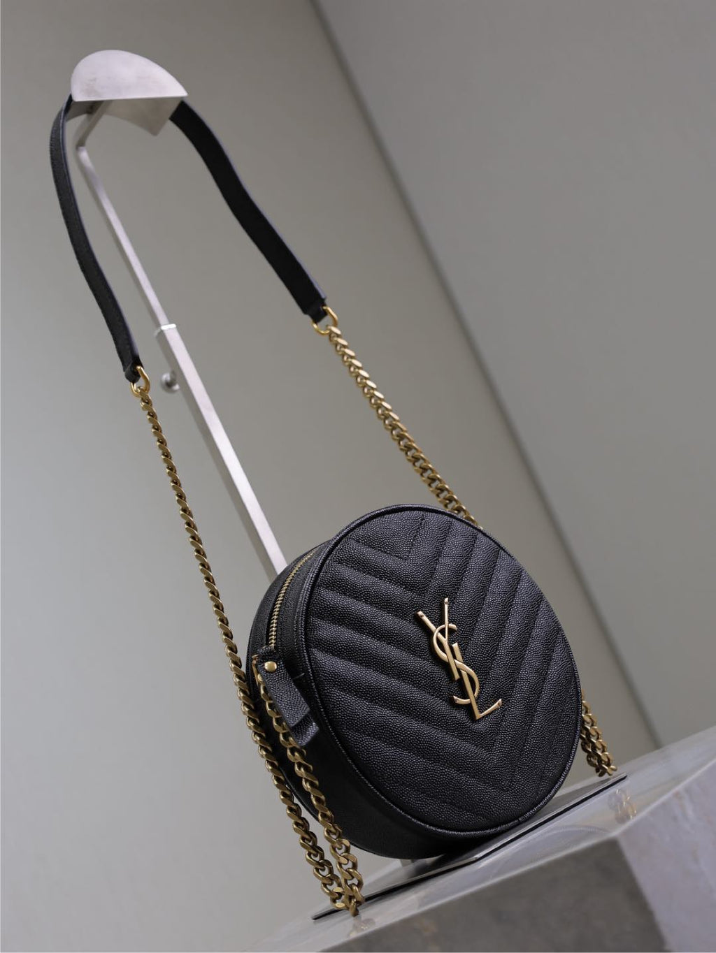 Saint Laurent Vinyle Small Round Bag 17 in Black Caviar Leather Gold Hardware
