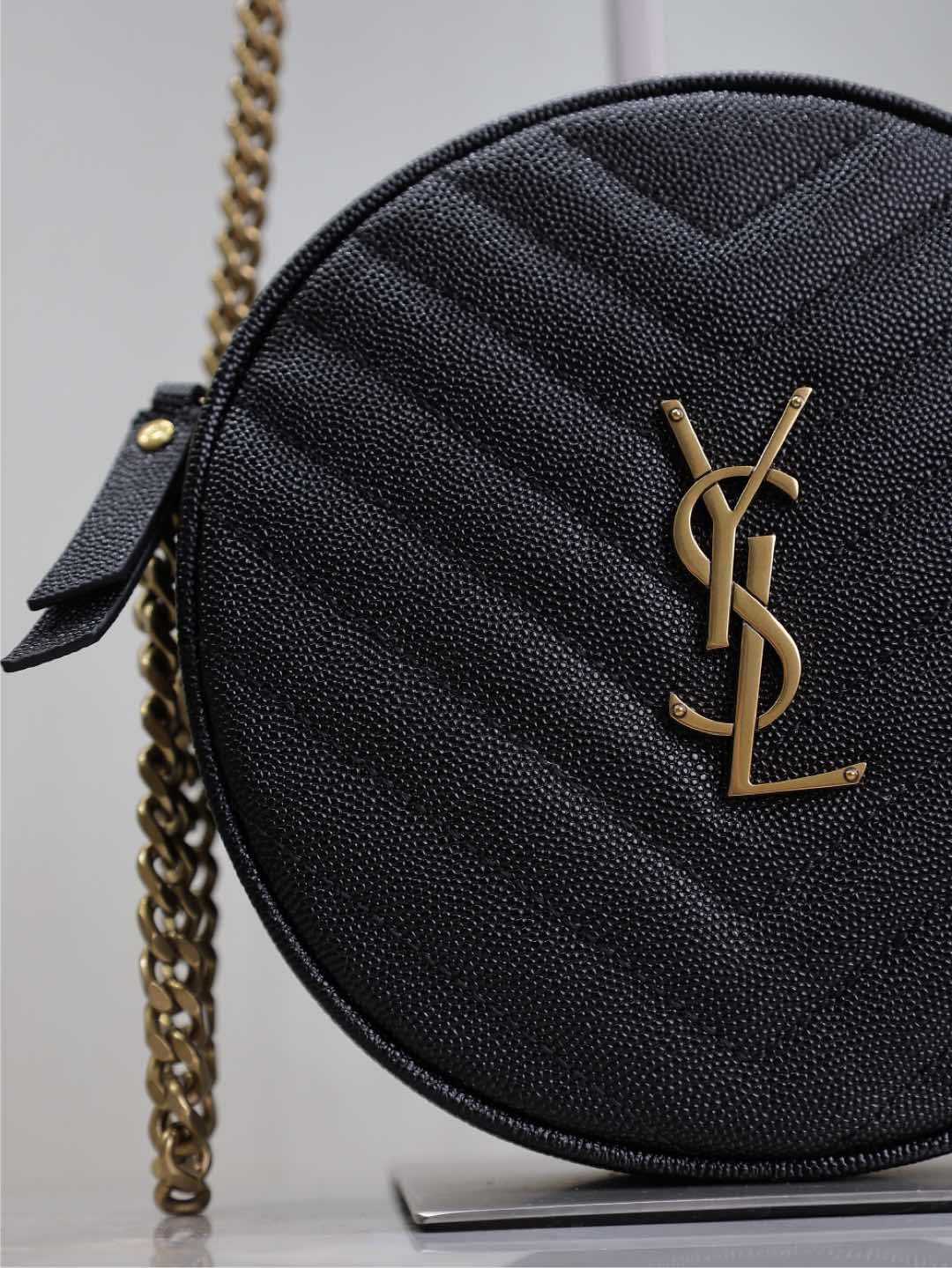 Saint Laurent Vinyle Small Round Bag 17 in Black Caviar Leather Gold Hardware