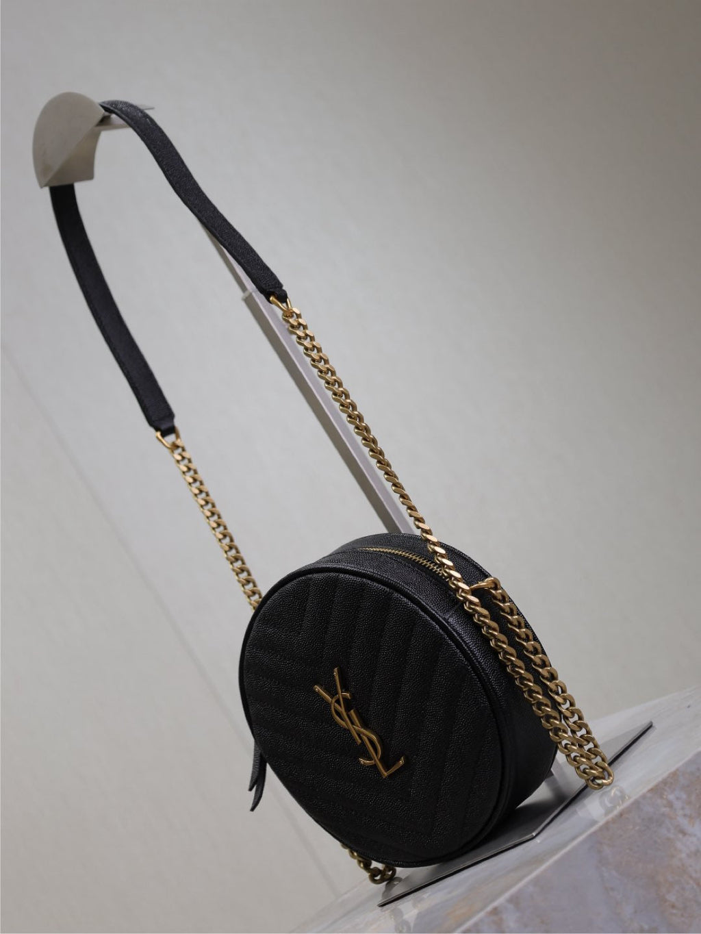 Saint Laurent Vinyle Small Round Bag 17 in Black Caviar Leather Gold Hardware