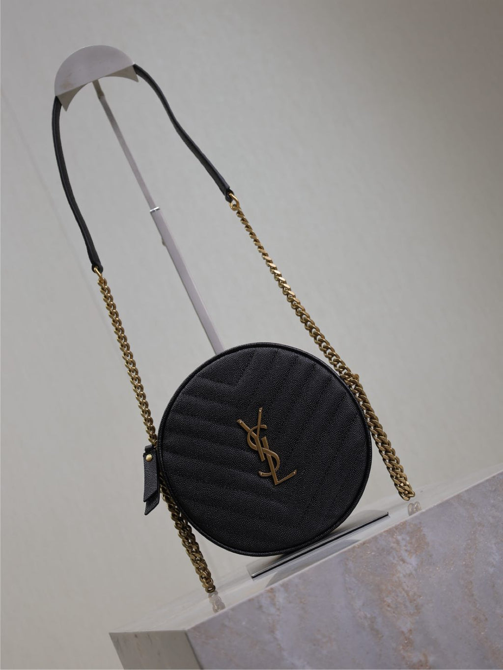 Saint Laurent Vinyle Small Round Bag 17 in Black Caviar Leather Gold Hardware