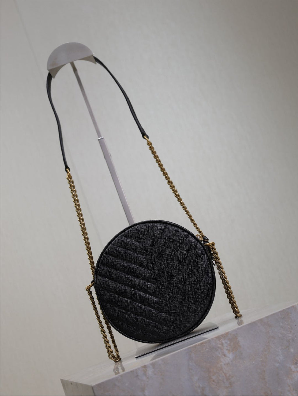 Saint Laurent Vinyle Small Round Bag 17 in Black Caviar Leather Gold Hardware