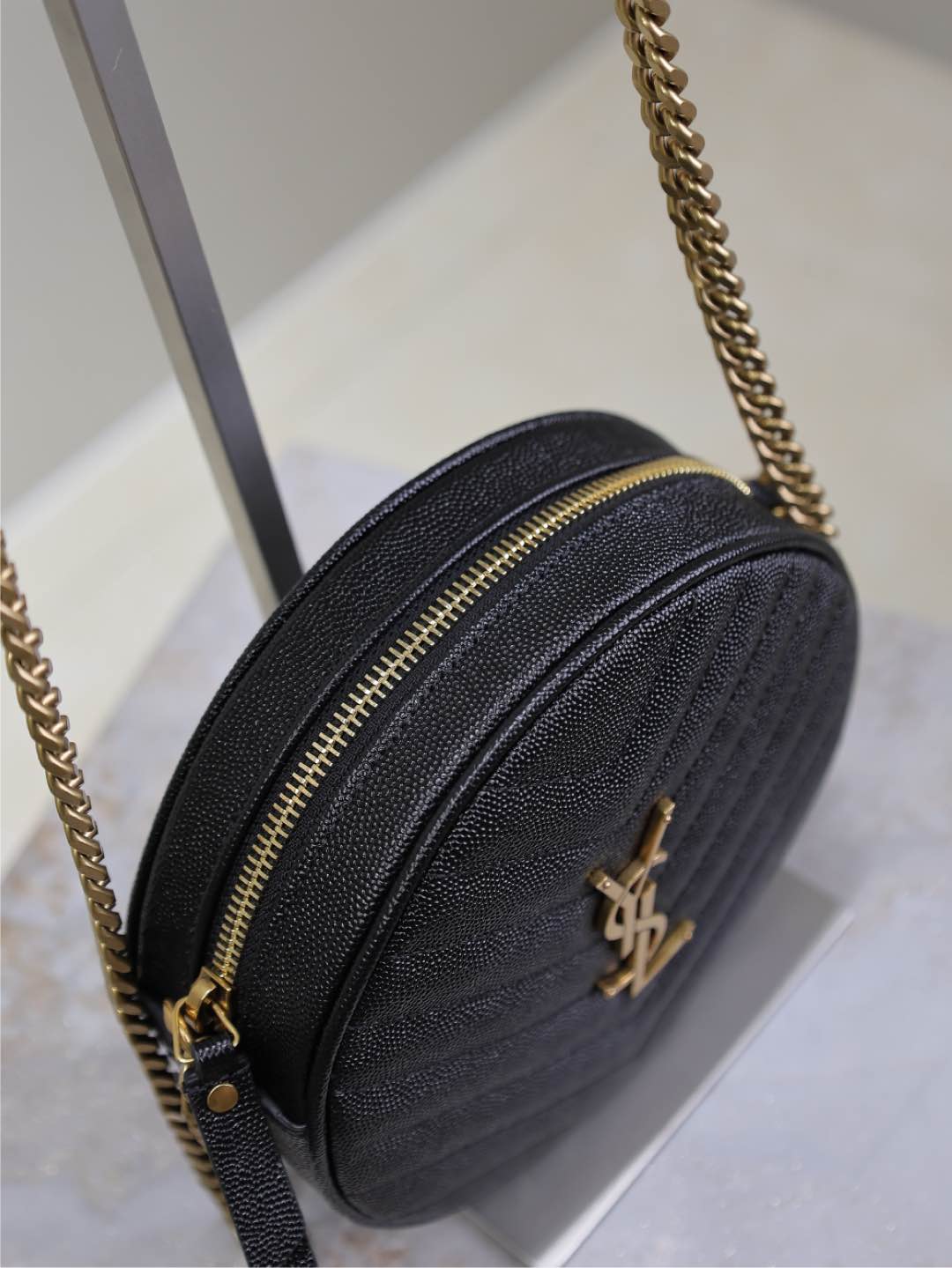 Saint Laurent Vinyle Small Round Bag 17 in Black Caviar Leather Gold Hardware