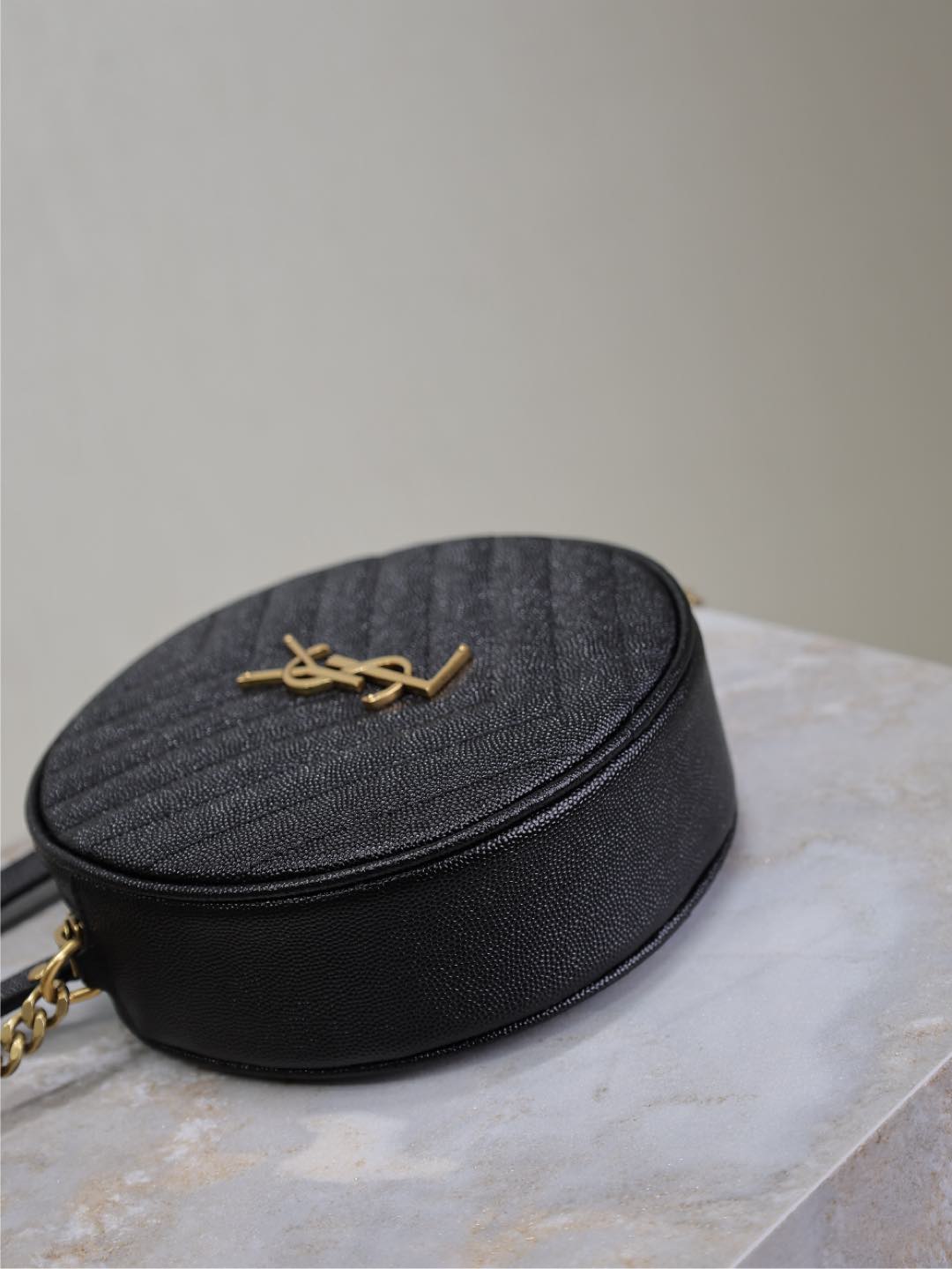 Saint Laurent Vinyle Small Round Bag 17 in Black Caviar Leather Gold Hardware