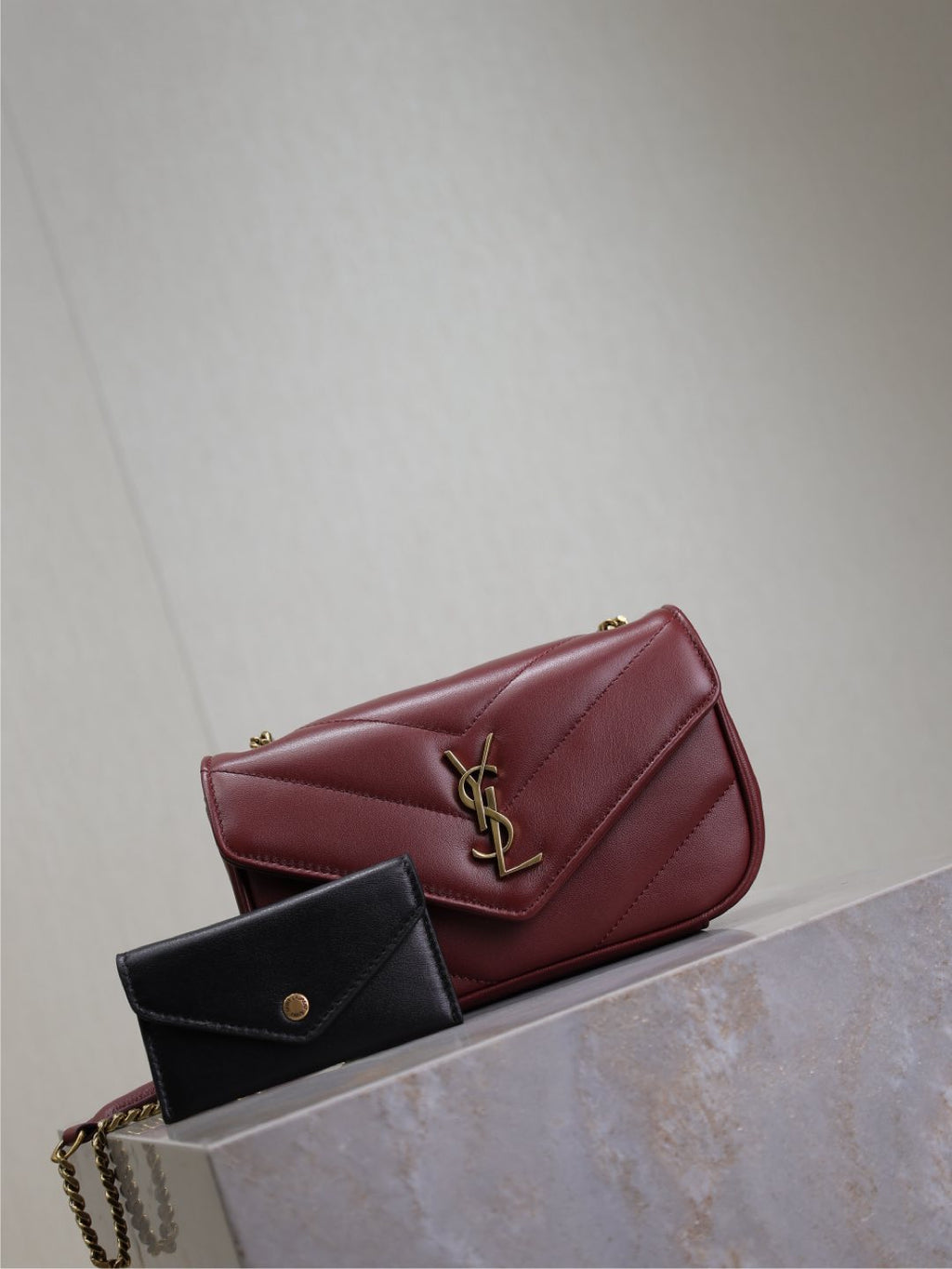 Saint Laurent Loulou Mini 20 in Burgundy Red Sheepskin Gold Hardware Bag