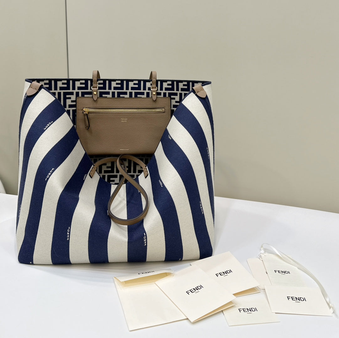 Fendi Large Roll 33 in Midnight Blue Mix White Jacquard Fabric Bag