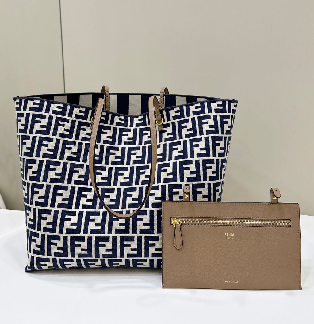 Fendi Large Roll 33 in Midnight Blue Mix White Jacquard Fabric Bag