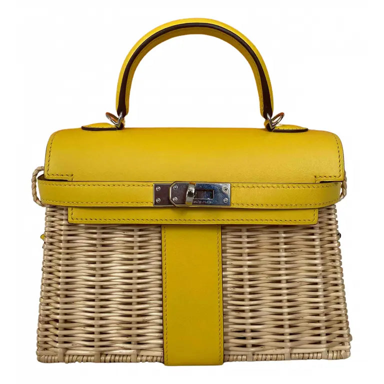 Hermes Kelly 20cm Jaune de Naples Swift in Yellow Leather and Wicker Silver Hardware Bag