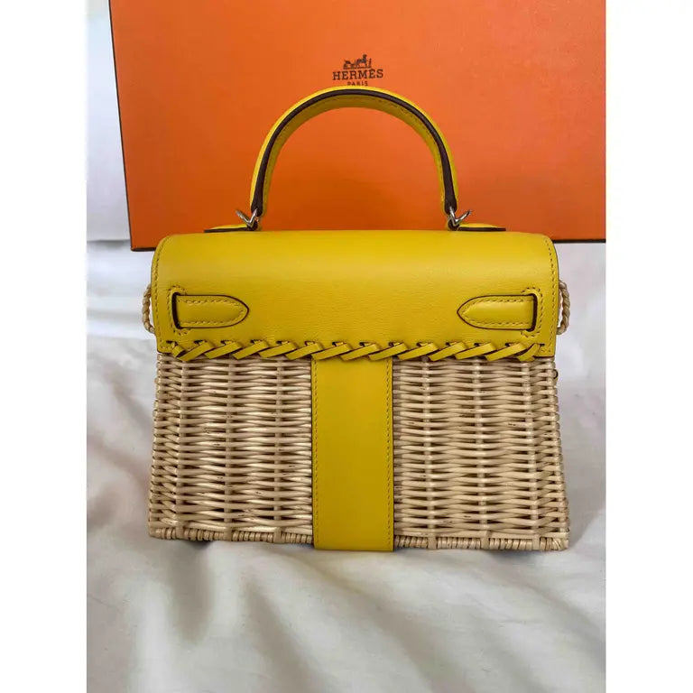 Hermes Kelly 20cm Jaune de Naples Swift in Yellow Leather and Wicker Silver Hardware Bag