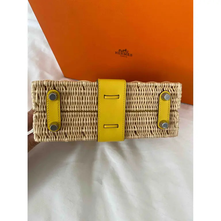 Hermes Kelly 20cm Jaune de Naples Swift in Yellow Leather and Wicker Silver Hardware Bag